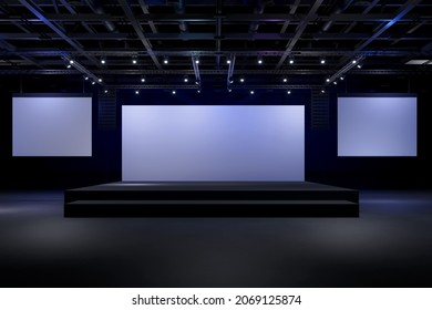 Empty Stage Design For Mockup And Corporate Identity,Display.Platform Elements In Hall.Blank Screen System For Graphic Resources.Scene Event Led Night Light Staging.3d Background For Online.3 Render.