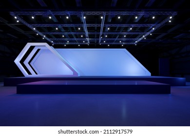 Empty Stage Design For Mockup And Corporate Identity,Display.Platform Elements In Hall.Blank Screen System For Graphic Resources.Scene Event Led Night Light Staging.3d Background For Online.3 Render.