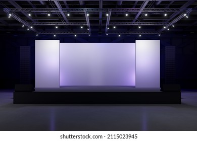 Empty Stage Design For Mockup And Corporate Identity,Display.Platform Elements In Hall.Blank Screen System For Graphic Resources.Scene Event Led Night Light Staging.3d Background For Online.3 Render.