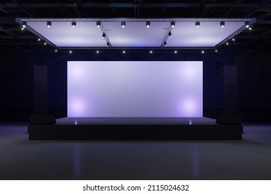 Empty Stage Design For Mockup And Corporate Identity,Display.Platform Elements In Hall.Blank Screen System For Graphic Resources.Scene Event Led Night Light Staging.3d Background For Online.3 Render.