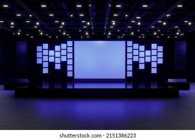 Empty Stage Design For Mockup And Corporate Identity,Display.Platform Elements In Hall.Blank Screen System For Graphic Resources.Scene Event Led Night Light Staging.3d Background For Online.3 Render.