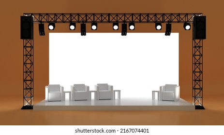 Empty Stage Design For Mockup And Corporate Identity, Display. Platform Elements In Hall. Blank Screen System For Graphic Resources. Scene Event Led Night Light Staging. 3d Background For Online.