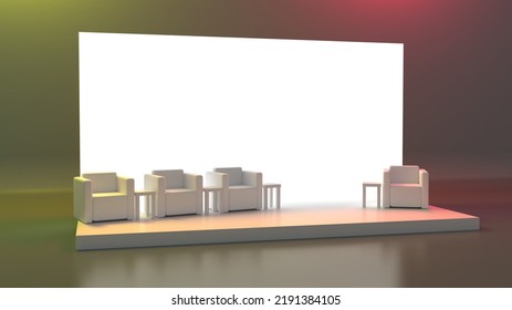 Empty Stage Design For Mockup And Corporate Identity, Display. Platform Elements In Hall. Blank Screen System For Graphic Resources. Scene Event Led Night Light Staging. 3d Background For Online.
