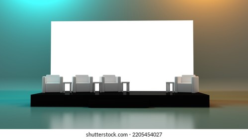 Empty Stage Design For Mockup And Corporate Identity, Display. Platform Elements In Hall. Blank Screen System For Graphic Resources. Scene Event Led Night Light Staging. 3d Rendering For Online.