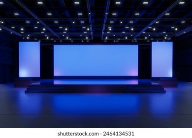 Empty stage Design for mockup and Corporate identity,Display.Platform elements in hall.Blank screen system for Graphic Resources.Scene event led night light staging.3d Background for online.3 render. - Powered by Shutterstock