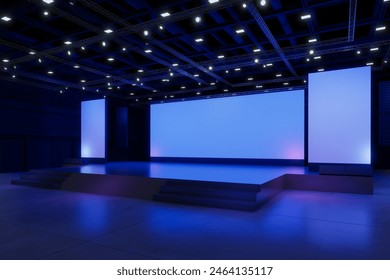 Empty stage Design for mockup and Corporate identity,Display.Platform elements in hall.Blank screen system for Graphic Resources.Scene event led night light staging.3d Background for online.3 render.