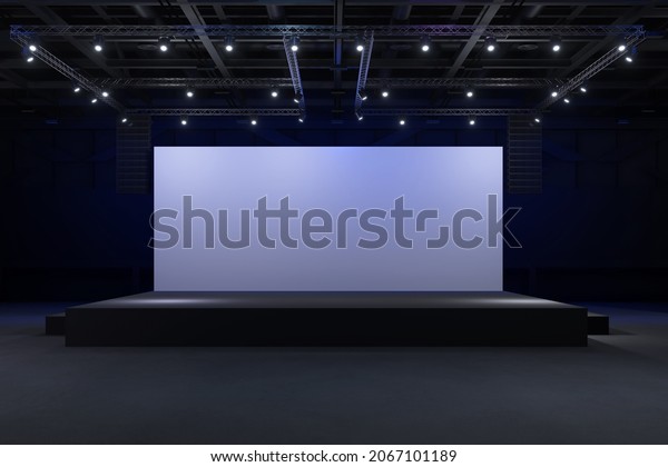 Empty stage Design for mockup and Corporate\
identity,Display.Platform elements in hall.Blank screen system for\
Graphic Resources.Scene event led night light staging.3d Background\
for online.3\
render.