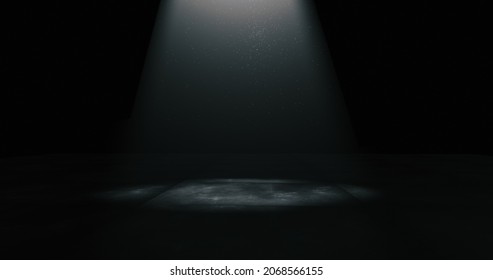 empty stage illuminated with one centered spotlight. Dark scene with neutral colors. 3D render.