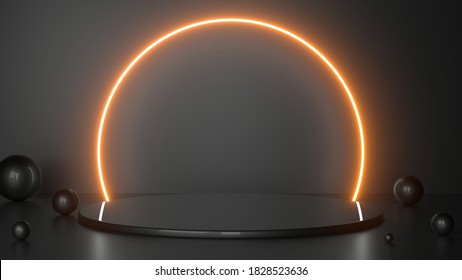 Empty Stage, Podium, Place For Product. Orange Neon Lights. 3d Rendering Image. Blurred Reflections On The Floor. Place To Present A Product. 3d Rendering Image.