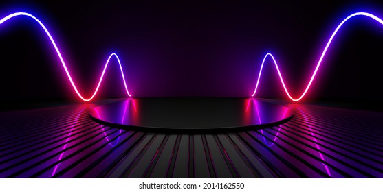 Empty Stage, Podium, Place For Product. Colored Neon Lights. 3d Rendering Image. Blurred Reflections On The Floor. Place To Present A Product. 3d Rendering Image.