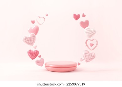 Empty stage podium surrounded with symbols of love heart on pink background, Copy space, Happy Women's, Mother's, Valentine's Day, birthday, 3d render. - Powered by Shutterstock