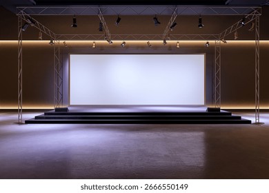Empty stage setup with blank screen and spotlights in a modern room interior, designed for conference presentation or branding display. 3D Rendering