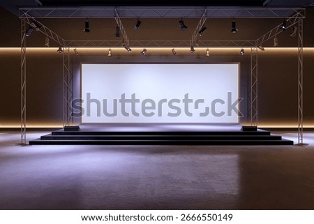 Empty stage setup with blank screen and spotlights in a modern room interior, designed for conference presentation or branding display. 3D Rendering