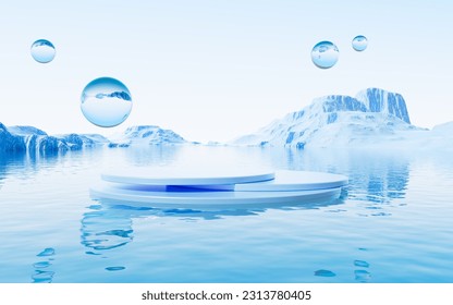 Empty stage and spheres with water surface background, 3d rendering. Digital drawing.