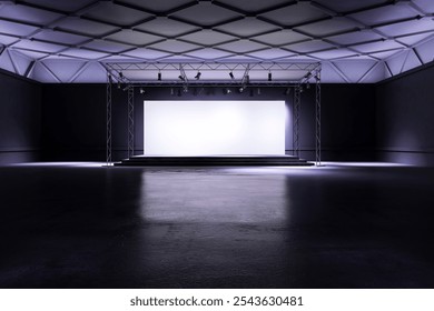 Empty stage with truss and lighting in a dark room. Modern architecture with a white screen backdrop. Concept of exhibition space. 3D Rendering - Powered by Shutterstock