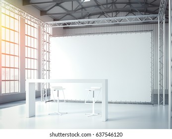 Empty Stage With Two Chairs, Table And Blank Billboard In Modern Exhibition Interior With Bright Light. 3d Rendering