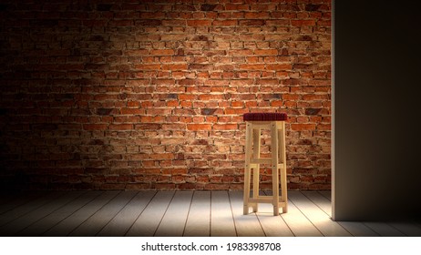 Empty Stand Up Stage Room Background, Bar Stool, Brick Wall, Wooden Floor In Reflector Spotlight, Poster Mockup 3d Render