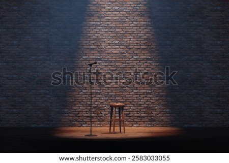 Empty stand-up stage with a microphone and bricks on background. 3d illustration