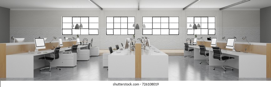 Empty start-up office with computers and desks as panorama (3D Rendering)