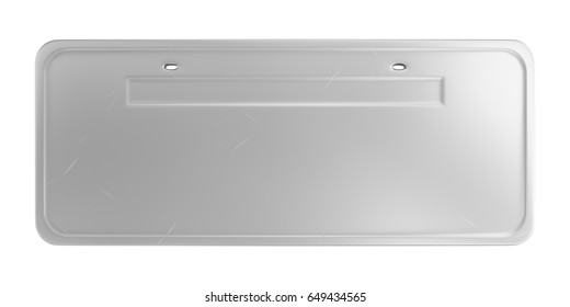 Empty Steel Car Plate With Scratches Isolated On White Background. 3D Image.