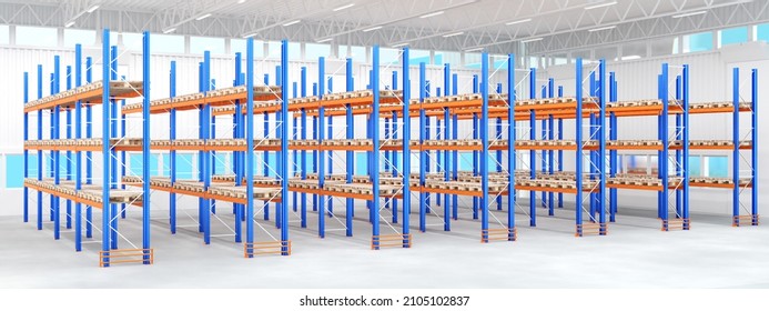 Empty Storage Areas. Horizontal Banner With Logistic Warehouse. Panoramic Visualization Of Warehouses. Lots Of Pallet Racks. Ballet Storage Systems. Warehouse Business Rental Concept. 3d Rendering.