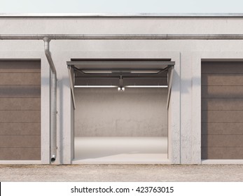 Empty Storage Unit With Opened Brown Door And Light Inside. 3d Rendering