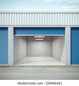 Empty Storage Unit With Opened Door. 3d Rendering