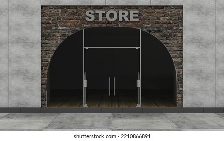 Empty Store Front With Big Arch Window With Lights Off Inside. 3d Rendering