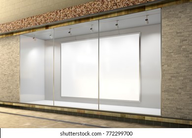 Empty Store Window. Blank Horizontal Poster In Illuminated Storefront Showcase. 3d Illustration 