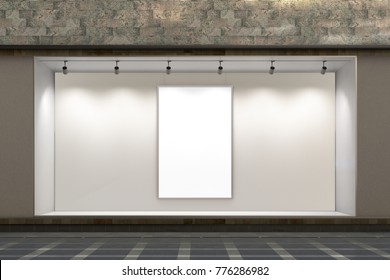 Empty Store Window At Night. Blank Poster In Illuminated Storefront Showcase. 3d Illustration 