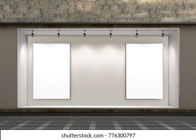 Empty Store Window At Night. Two Blank Posters In Illuminated Storefront Showcase. 3d Illustration 