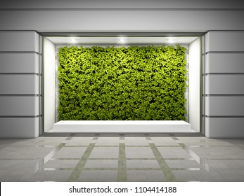 Empty Storefront Window With Vertical Green Wall. 3D Illustration.