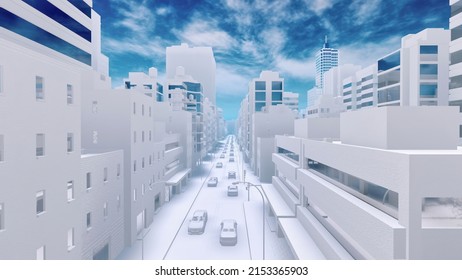 Empty Street Of Abstract Modern Big City Downtown Looking As White Architectural Scale Model With High Rise Buildings Skyscrapers. With No People Concept 3D Illustration From My 3D Rendering.