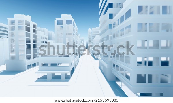 Empty street of abstract modern city downtown\
looking as white architectural scale model with high rise buildings\
skyscrapers. With no people, no cars concept 3D illustration from\
my 3D rendering.