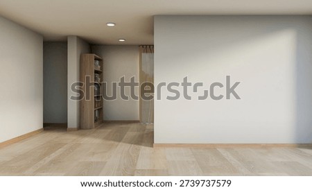 Empty studio room with bookshelf on wooden parquet floor and warm sunlight shining on a white wall. Interior Mockup, 3D Rendering, 3D Illustration.