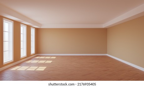 Empty Sunny Interior with Beige Walls, Three Large Windows, White Ceiling Cornice, Glossy Herringbone Parquet Floor and a White Plinth. 3D rendering with a Work Path on the Windows. 8K Ultra HD - Shutterstock ID 2176935405