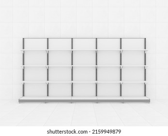 Empty Supermarket Shelf On White Tiled Floor. 3d Rendering.