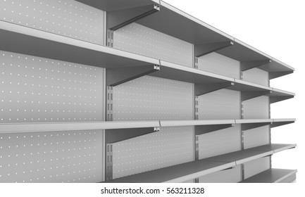 Empty Supermarket Shelf From Perspective. 3D Rendering