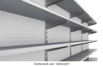 Empty Supermarket Shelf From Perspective. 3D Rendering