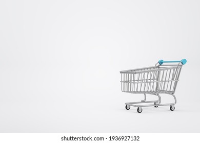 Empty Supermarket Shopping Cart On Light Background With Copyspace. 3D Rendering, Mockup