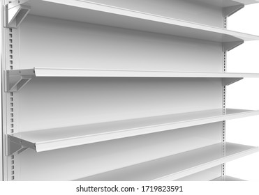 Empty Supermarket Showcase Shelf 3D Rendering White Background