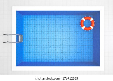 Empty Swimming Pool With Lifebuoy Top View On A Tiles Background