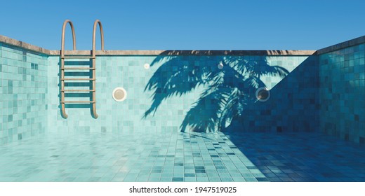empty swimming pool and rusty stairs   tile floor  concept start summer  3d render