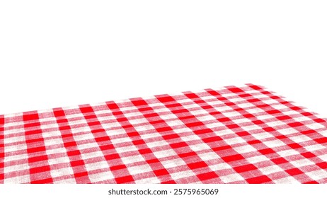 Empty table with red checkered tablecloth and white background. Table with red checkered cloth isolated on white.