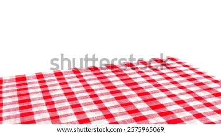 Empty table with red checkered tablecloth and white background. Table with red checkered cloth isolated on white.