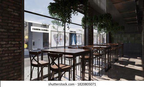 Empty Tables and Chairs by the Window Inside a Small Business in Natural Daylight 3D Rendering