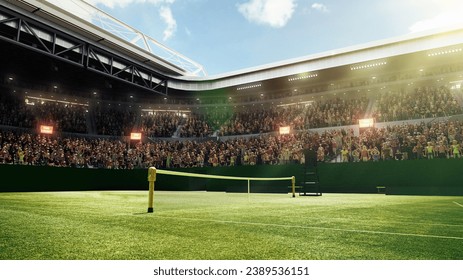 Empty tennis court with grass surface, net and sport fans sitting on tribune, waiting for game start. Open air stadium with flashlights. Sport, game, activity, championship, match concept. 3D render - Powered by Shutterstock