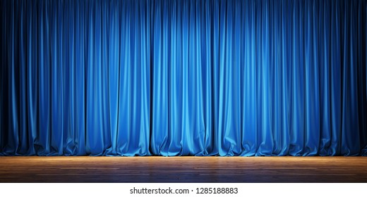 Empty Theater Stage With Blue Velvet Curtains. 3d Illustration