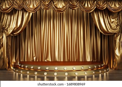 Empty Theater Stage With Golden Curtains. 3d Illustration