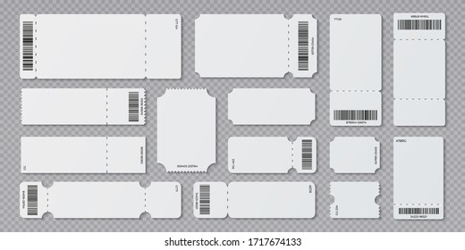 Empty ticket template. Concert movie theater and boarding blank white tickets, lottery coupons with ruffle edges.  isolated modern coupon set for travelling festival airplane